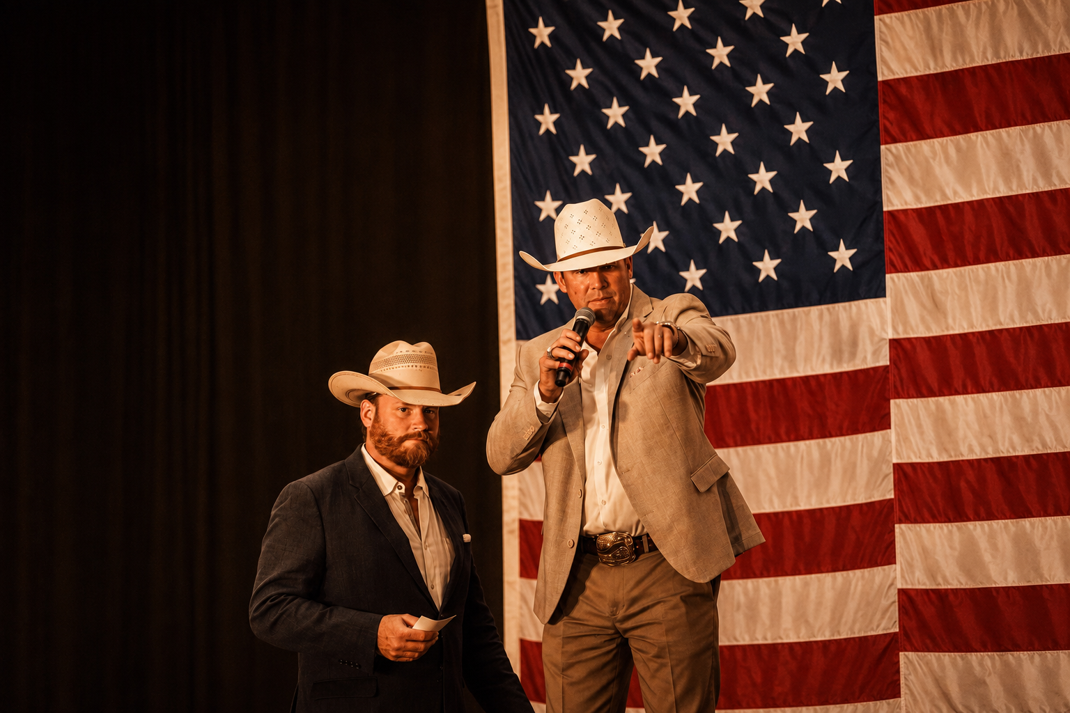Smith Baggett and colleague on stage in front of American flag